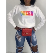 Lovely Casual O Neck Tie-dye Letter Print White Ho