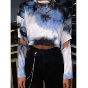 LW Casual O Neck Tie-dye Hollow-out Blue T-shirt(N