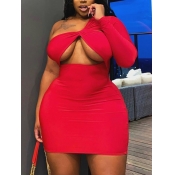 Lovely Sexy One Shoulder Hollow-out Red Mini Dress