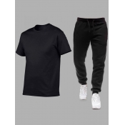 LW BASICS Men Casual O Neck Black Pants Set