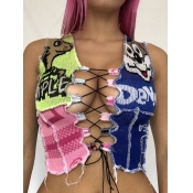 Lovely Sexy Print Patchwork Lace-up Hollow-out Blu