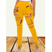 Lovely Casual High-waisted Print Broken Holes Yell