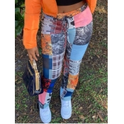 Lovely Street Mid Waist Print Patchwork Blue Pants