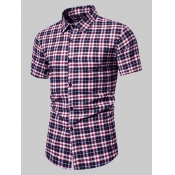 Lovely Men Casual Turndown Collar Plaid Print Red 
