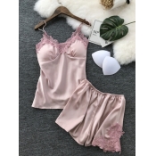 Lovely Casual Lace Patchwork Pink Sleepwear