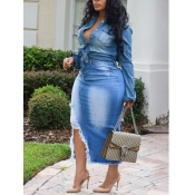 LW SXY Plus Size Casual Raw Edge Asymmetrical Blue