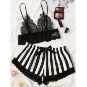 Lovely Casual Striped Print See-through Black Slee