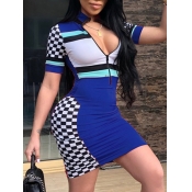 Lovely Sportswear Plaid Print Patchwork Skinny Blu