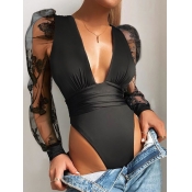 Lovely Sexy V Neck Ruffle Design Mesh Patchwork Bl