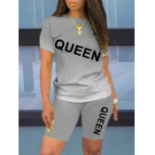 LW Casual Gradient Letter Print Grey Two Piece Sho
