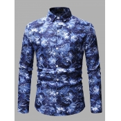 Lovely Men Formal Floral Print Patchwork Blue Shir