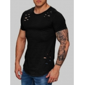 Lovely Men Casual O Neck Broken Holes Black T-shir