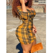 Lovely Street U Neck Plaid Print Yellow Mini Dress
