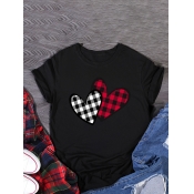 Lovely Plus Size Casual O Neck Plaid Heart-shaped 