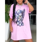 Lovely Casual O Neck Cartoon Print Pink Knee Lengt
