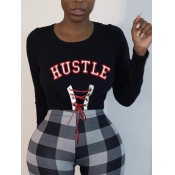 LW Chic Letter Print Bandage Design Black T-shirt