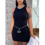 Lovely Casual O Neck Rib-Knit Black Mini Dress(Wit