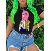 LW Street Masked Face Print Patchwork Black T-shir