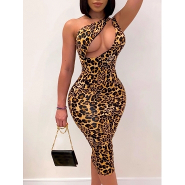 

LW SXY One Shoulder Leopard Print Hollow-out Brown Knee Length Dress