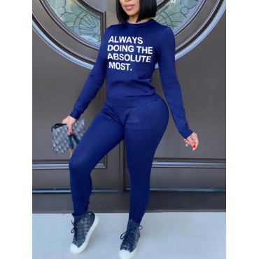 

LW Trendy O Neck Letter Print Royalblue Two Piece Pants Set