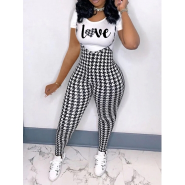 

LW BASIC Plus Size Casual O Neck Letter Plaid Print Black Two-piece Pants Set