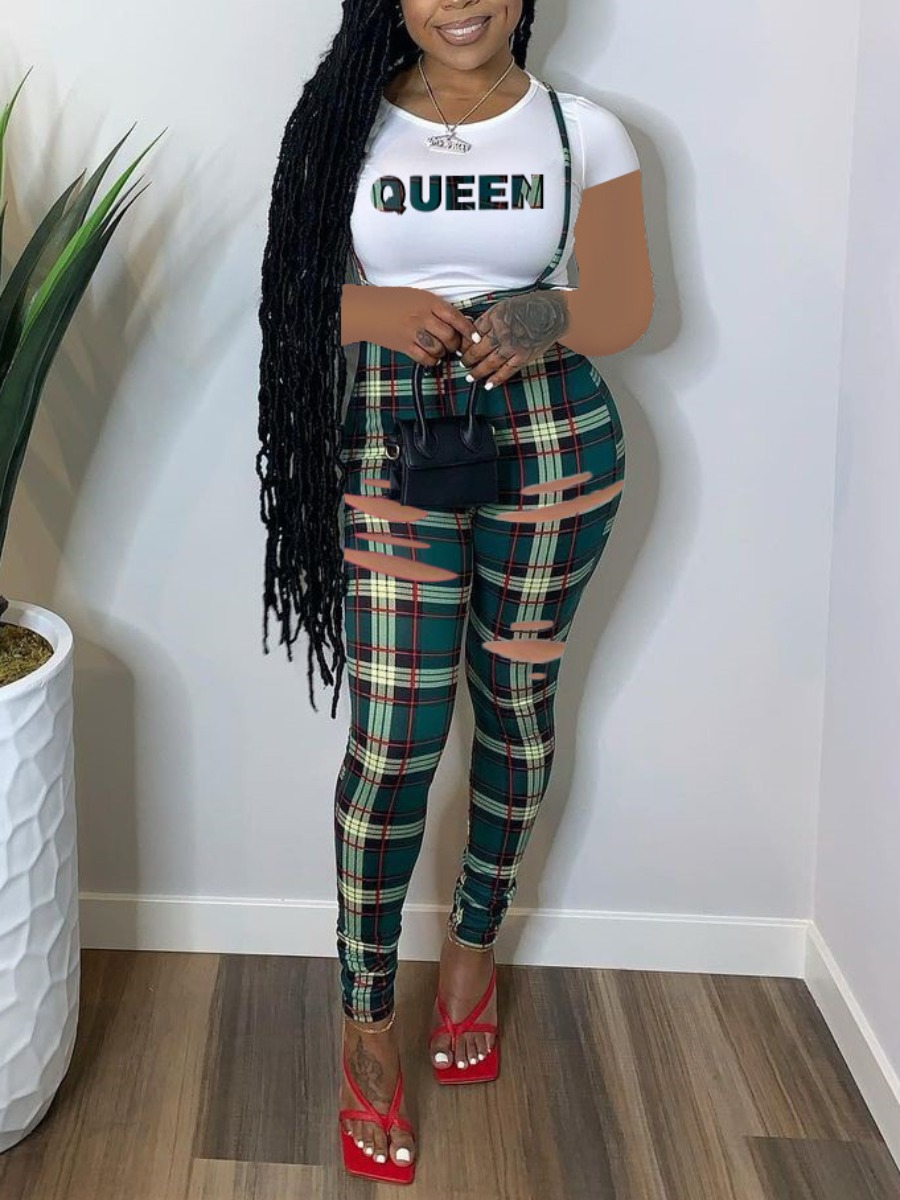 

Lovely Street Plaid Letter Print Broken Holes Green Two Piece Pants Set
