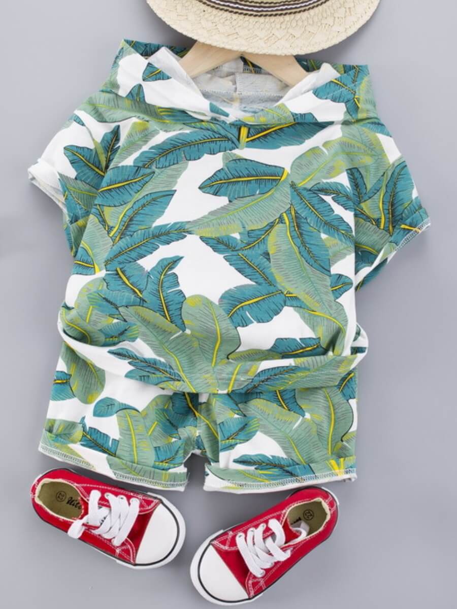 

Lovely Casual Leaf Print Light Green Boy Two Piece Shorts Set