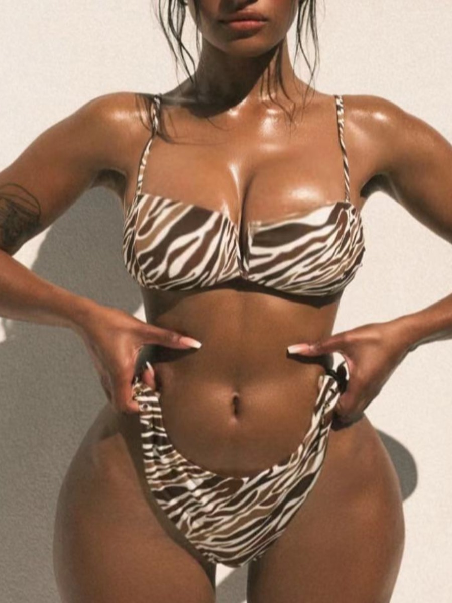 

Lovely Sexy Leopard Print Patchwork Brown Two-piece Swimsuit