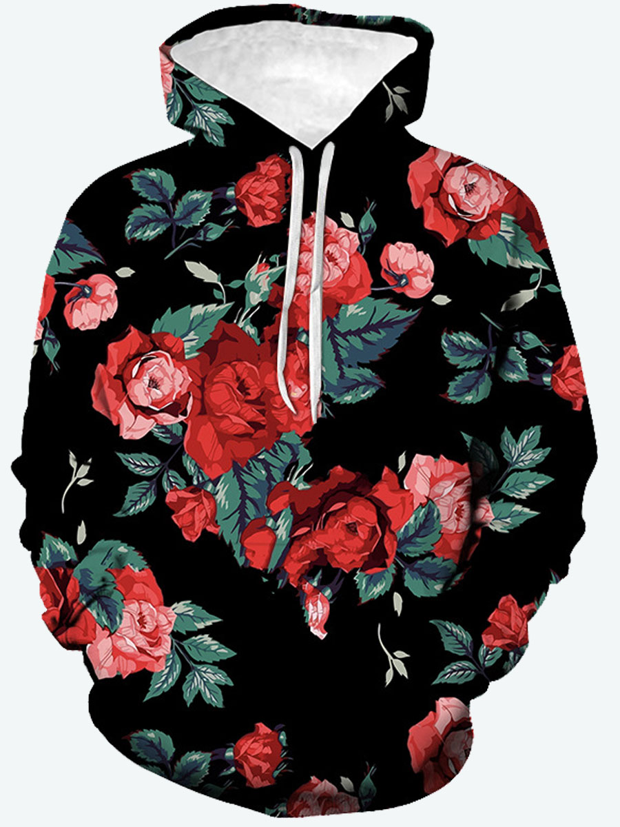 

Lovely Trendy Hooded Collar Floral Print Black Men Hoodie