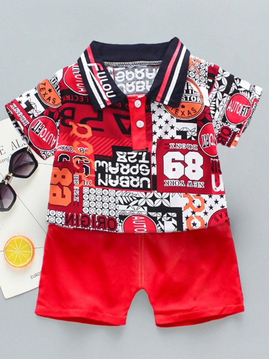 

Lovely Boy Stylish POLO Collar Letter Print Red Two Piece Shorts Set