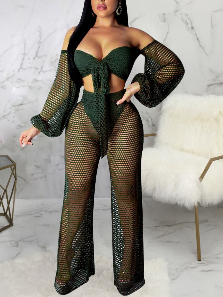 

Lovely Trendy Off The Shoulder See-through Bandage Design Green Cover-up