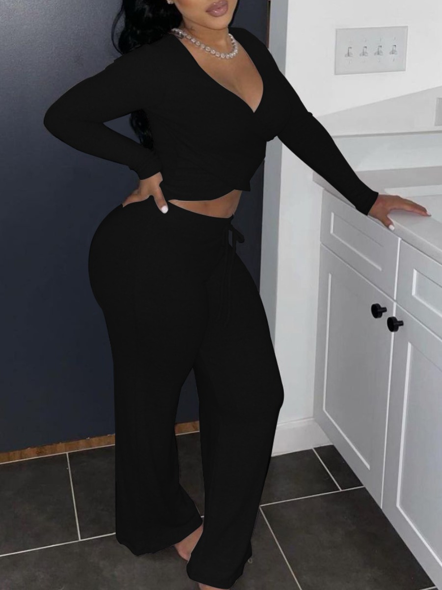 

Lovely Casual V Neck Drawstring Black Two Piece Pants Set