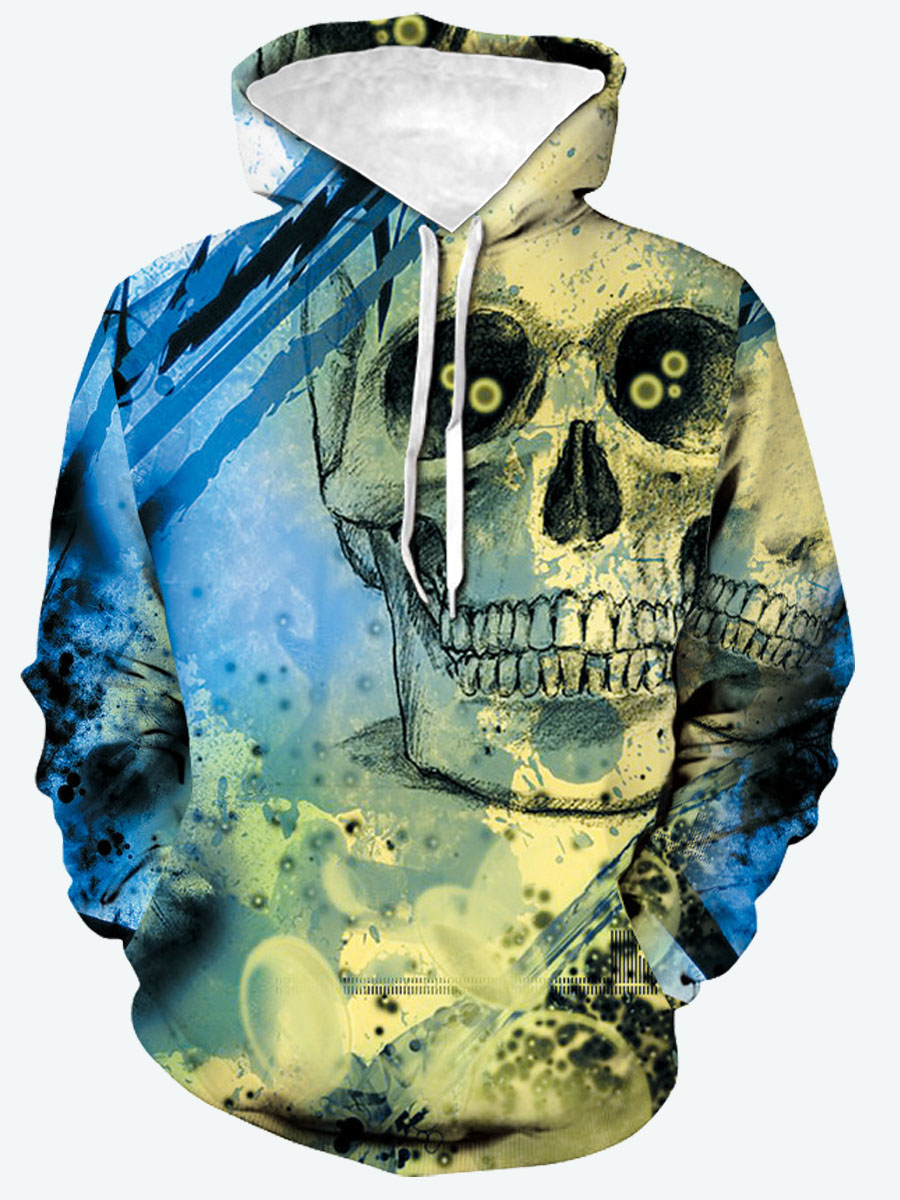 

Lovely Men Street Hooded Collar Skeleton Print Blue Hoodie