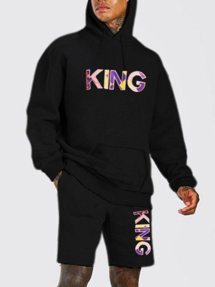 

Lovely Trendy Hooded Collar Letter Print Black Men Two Piece Shorts Set
