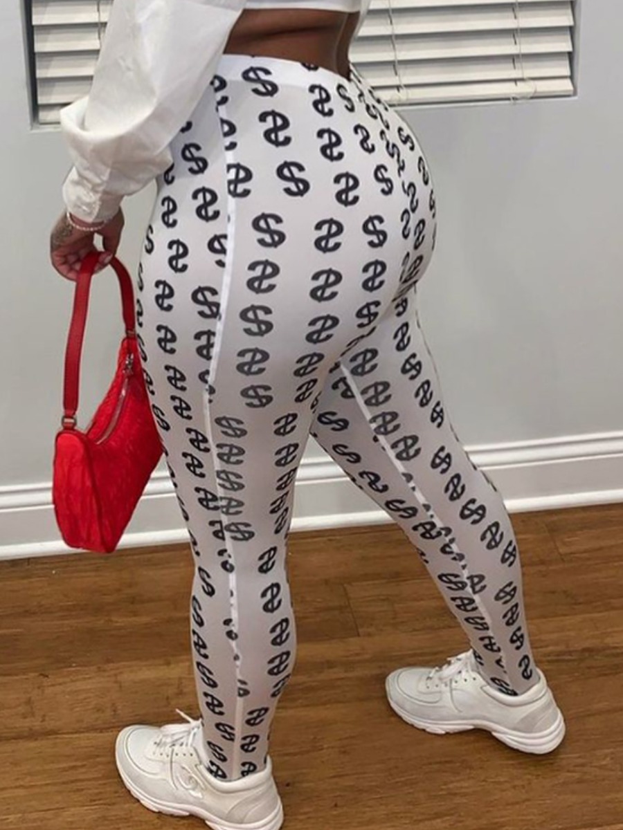 

Lovely Trendy Mid Waist Dollar Sign Print White Plus Size Pants