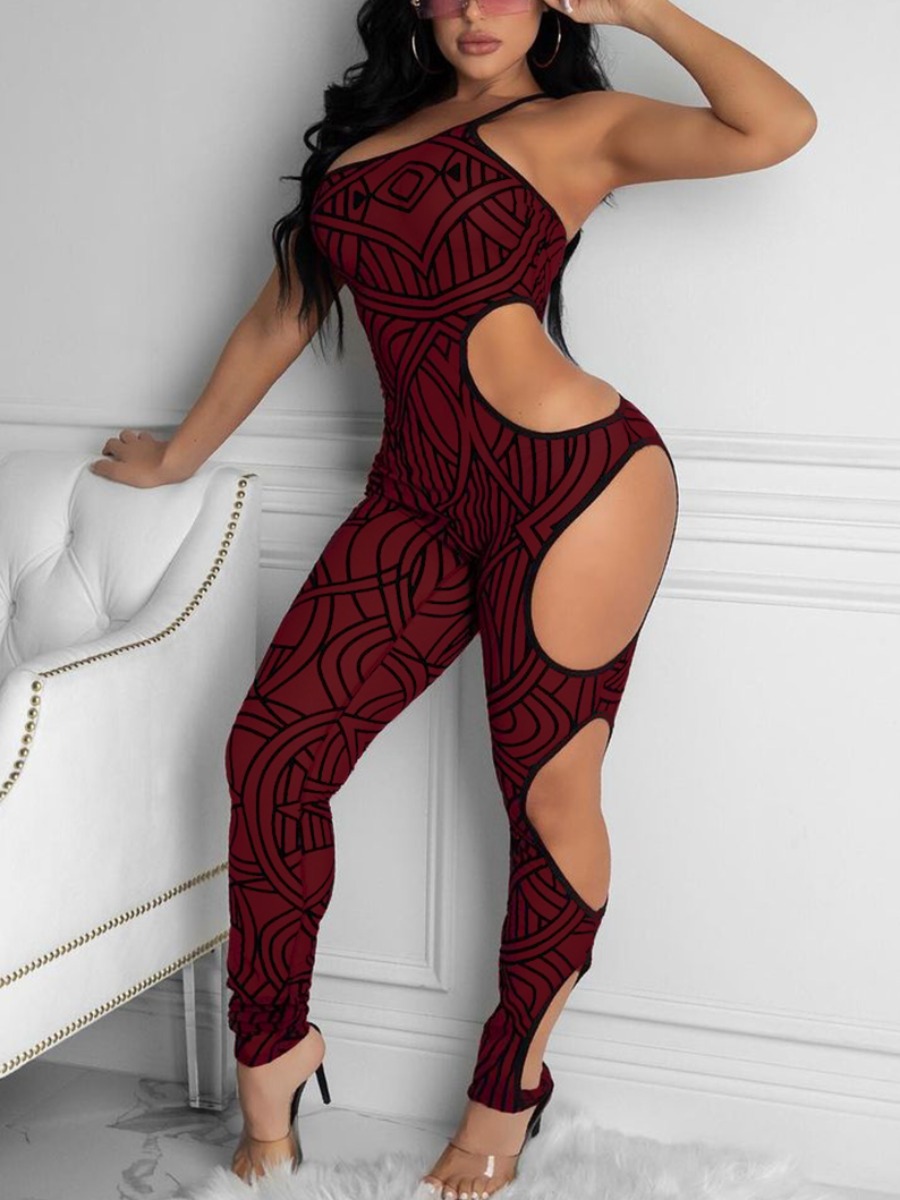 

Lovely Party One Shoulder Geometric Print Hollow-out Dull Red One-piece Jumpsuit(No-positioning Printing