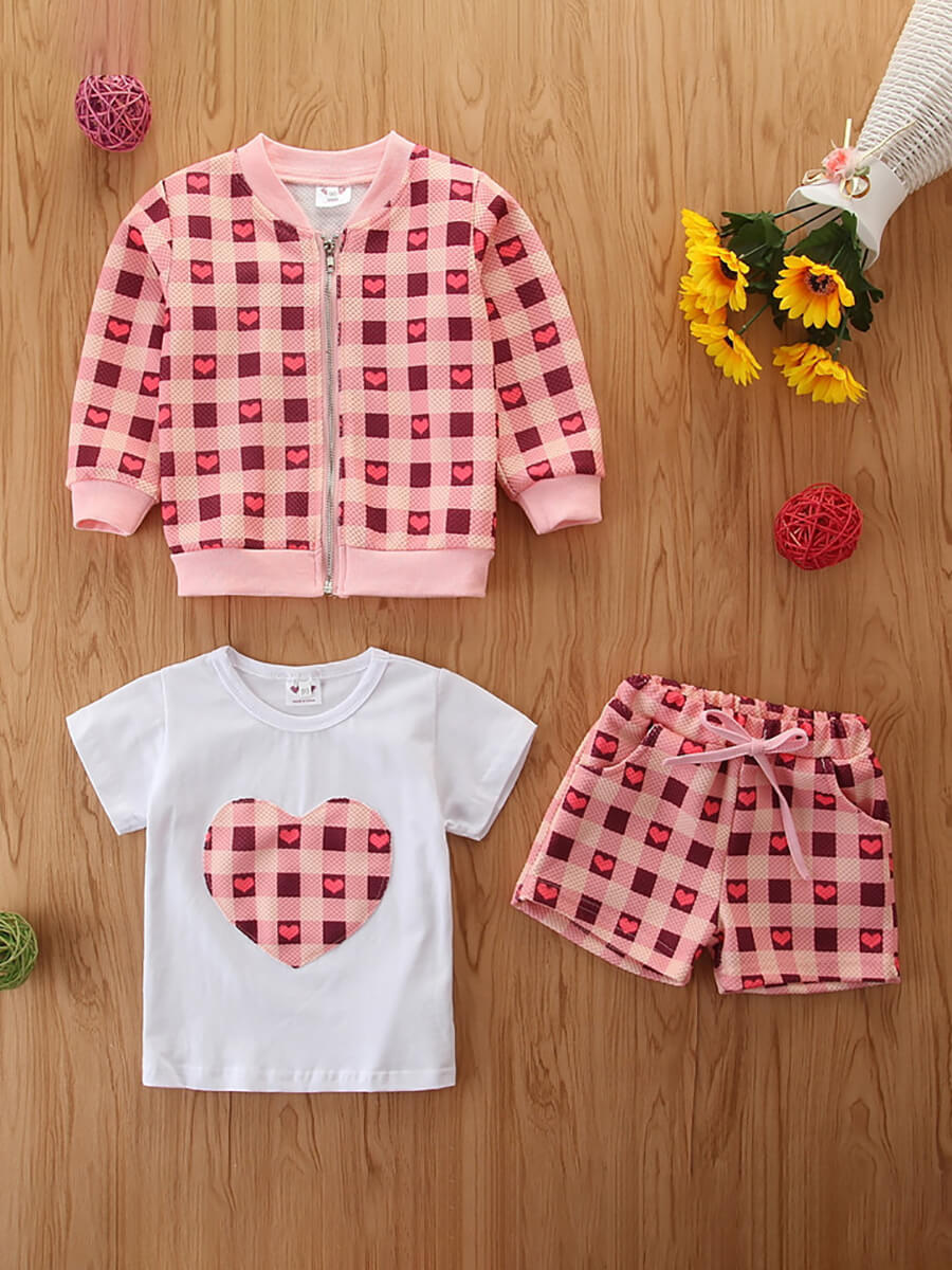 

Lovely Girl Sweet Heart-shaped Plaid Print Pink Two Piece Shorts Set