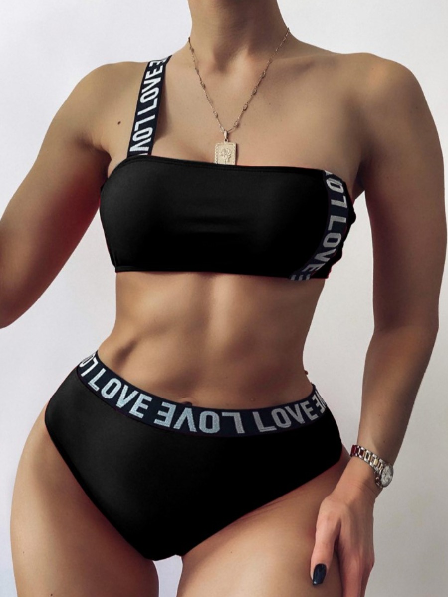 

Lovely Casual One Shoulder Letter Print Black Two-piece Swimsuit