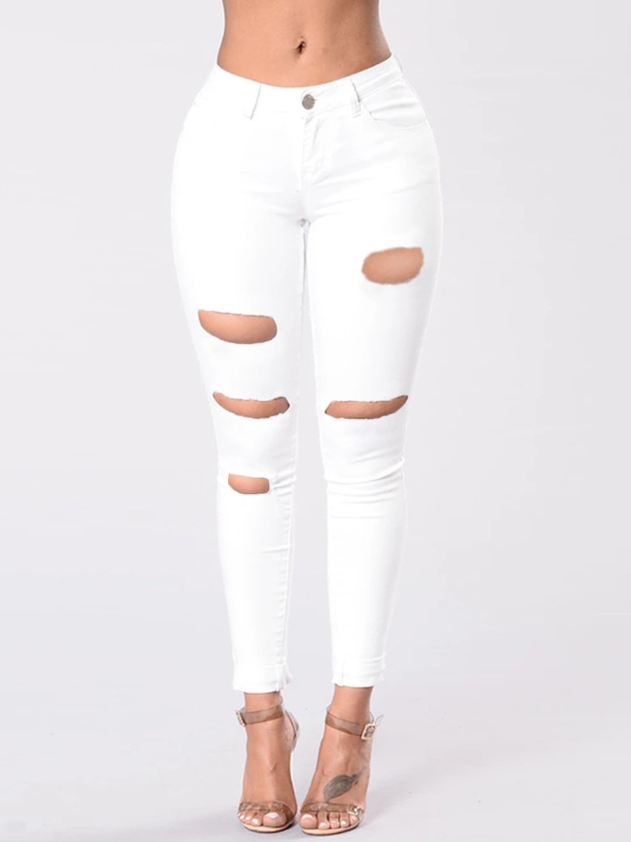 

Lovely Casual Mid Waist Broken HolesWhite Jeans, White