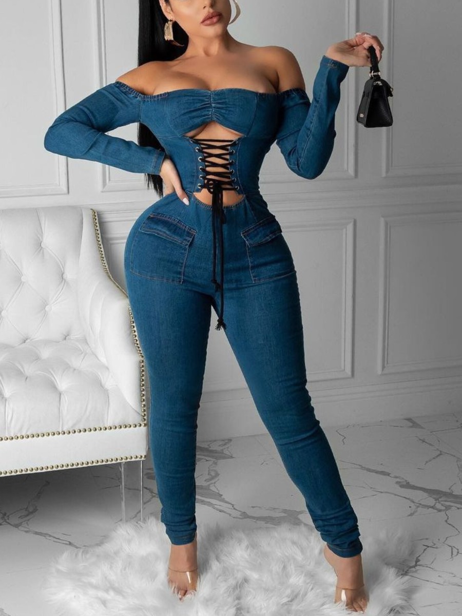 

Lovely Sweet Off The Shoulder Bandage Hollow-out Design Deep Blue One-piece Denim Jumpsuit