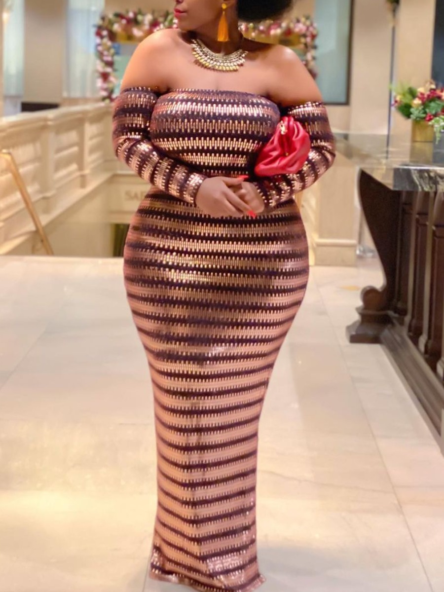 

Lovely Party Off The Shoulder Side Split Gold Floor Length Plus Size Dress