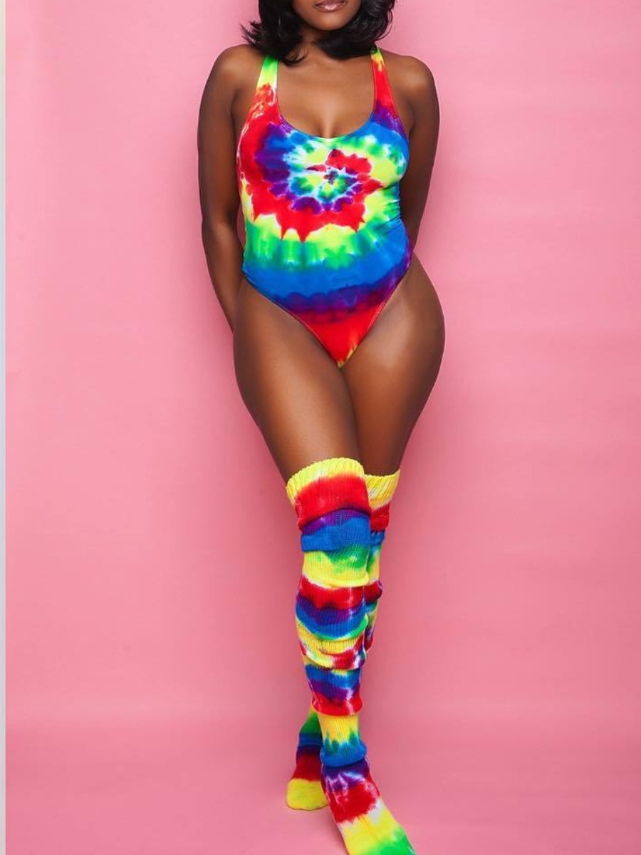 

Lovely Sweet U Neck Tie-dye Blue One-piece Swimsuit(With Socks