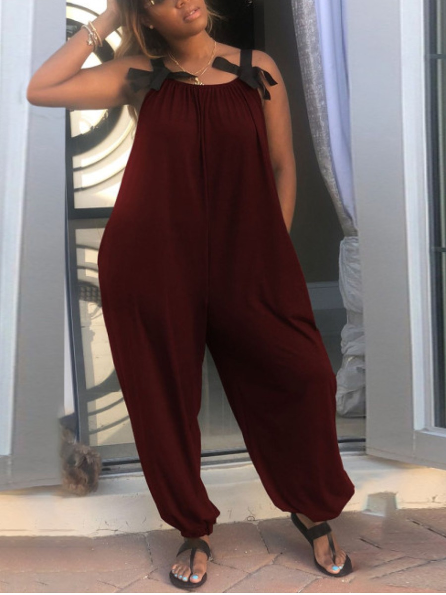 

LW BASICS Plus Size Casual Spaghetti Strap Loose Wine Red One-piece Jumpsuit