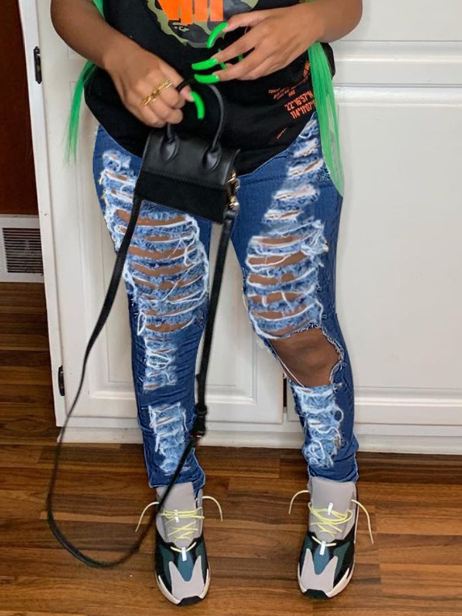 

Lovely Casual High-waisted Ripped Blue Jeans