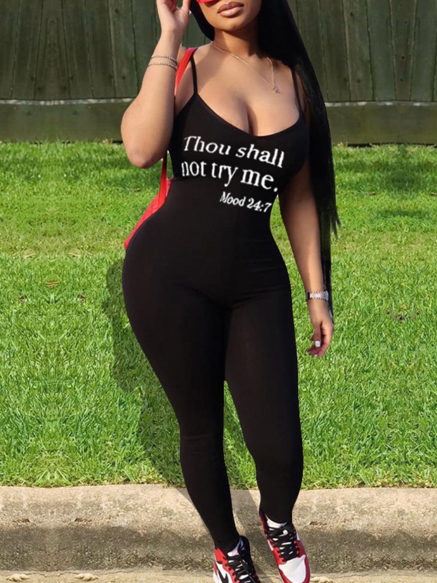 

Lovely Chic U Neck Letter Print Black One-piece Jumpsuit