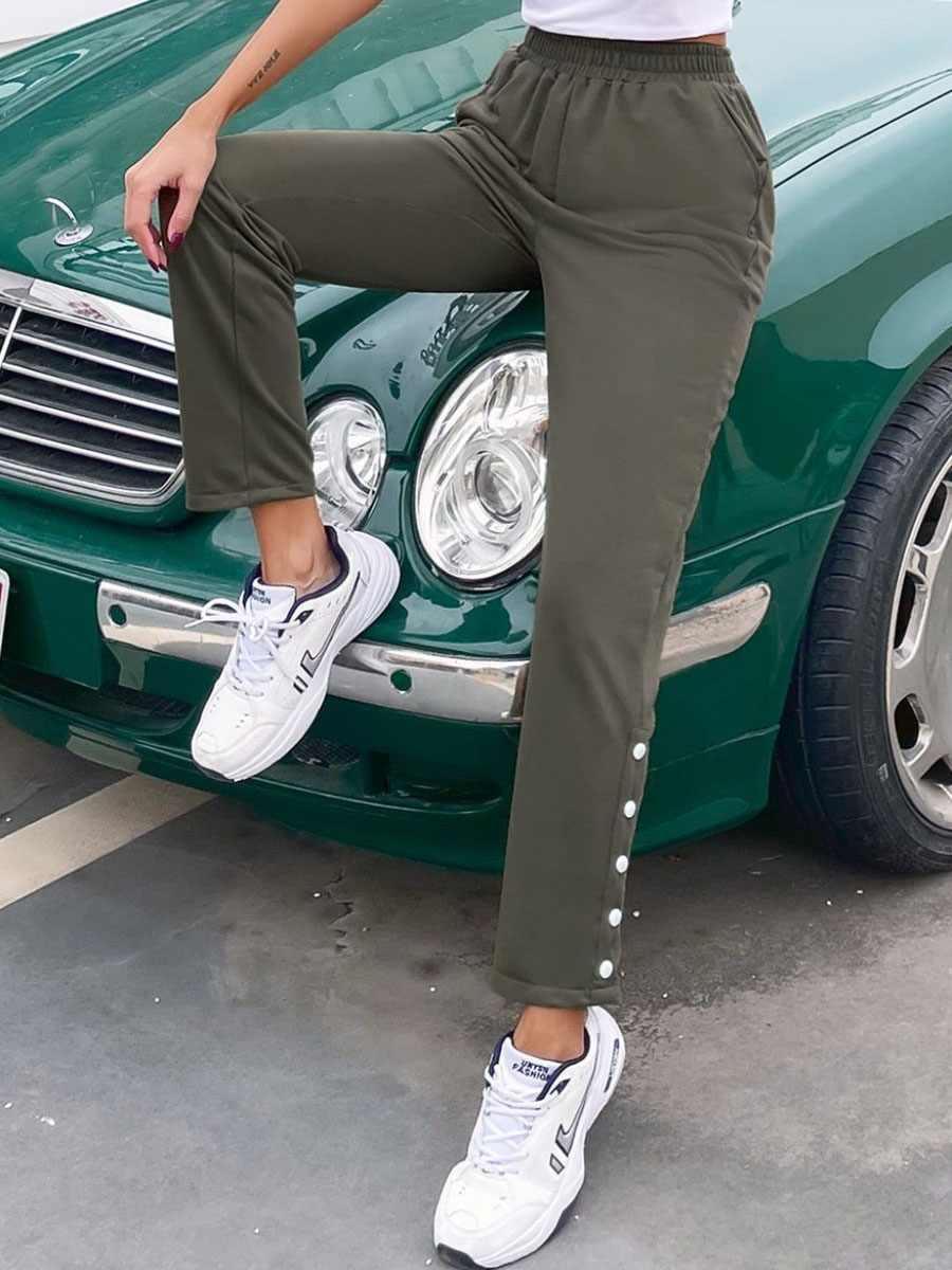 

Lovely Casual Mid Waist Button Design Green Pants