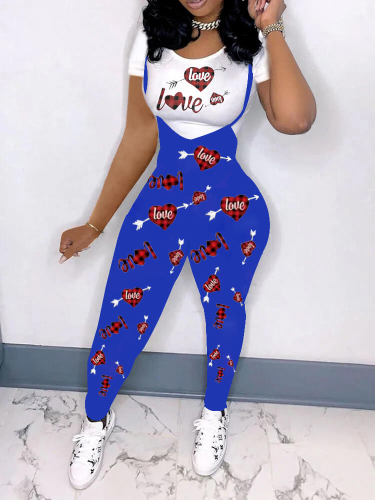 Lovely Casual Heart-shaped Letter Print Blue Two Piece Pants Set