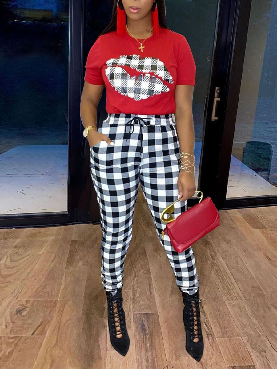 

Lovely Casual O Neck Plaid Print Red Two Piece Pants Set