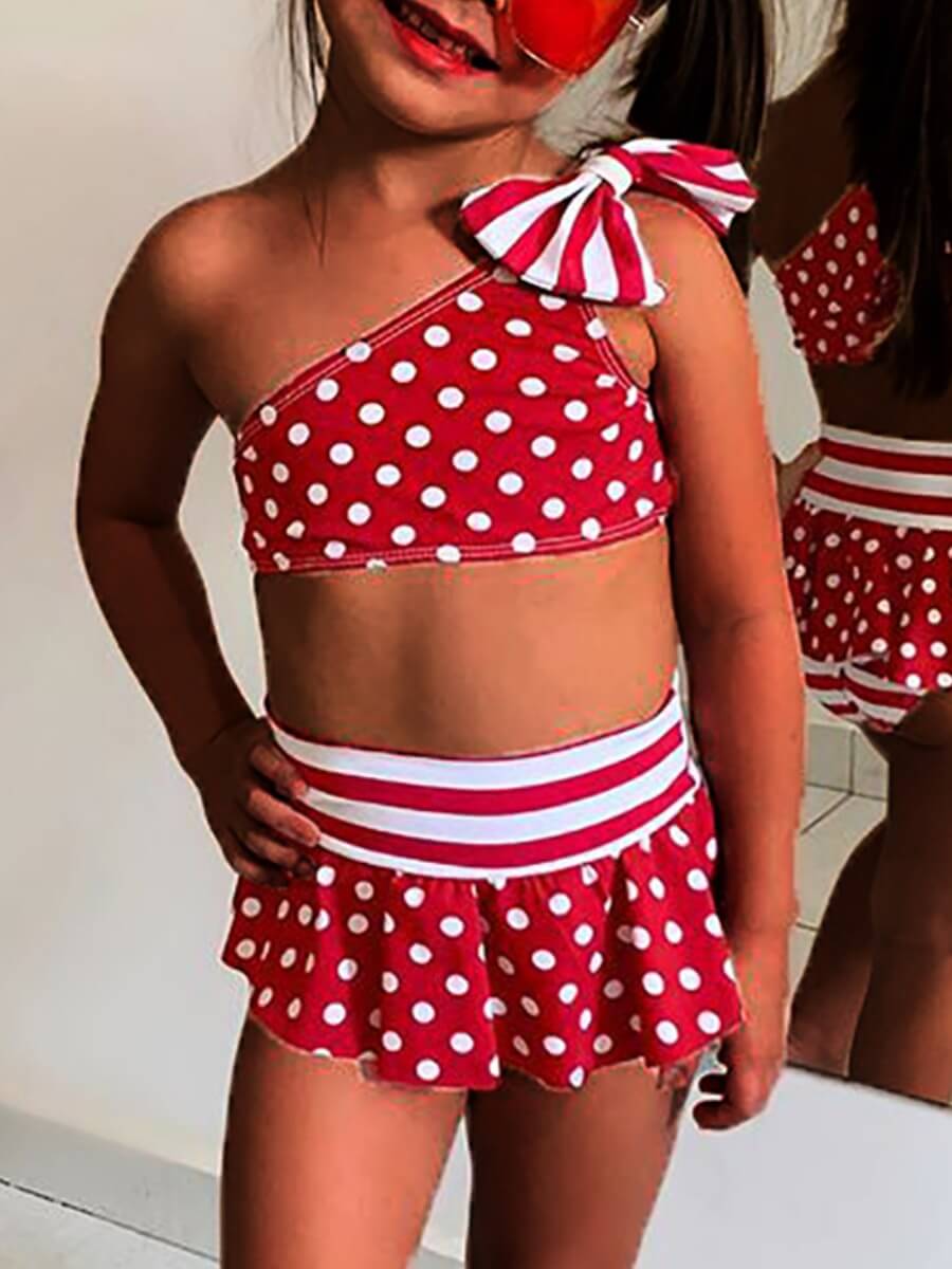 

Lovely Casual One Shoulder Dot Print Knot Design Red Girl Two-piece Swimsuit