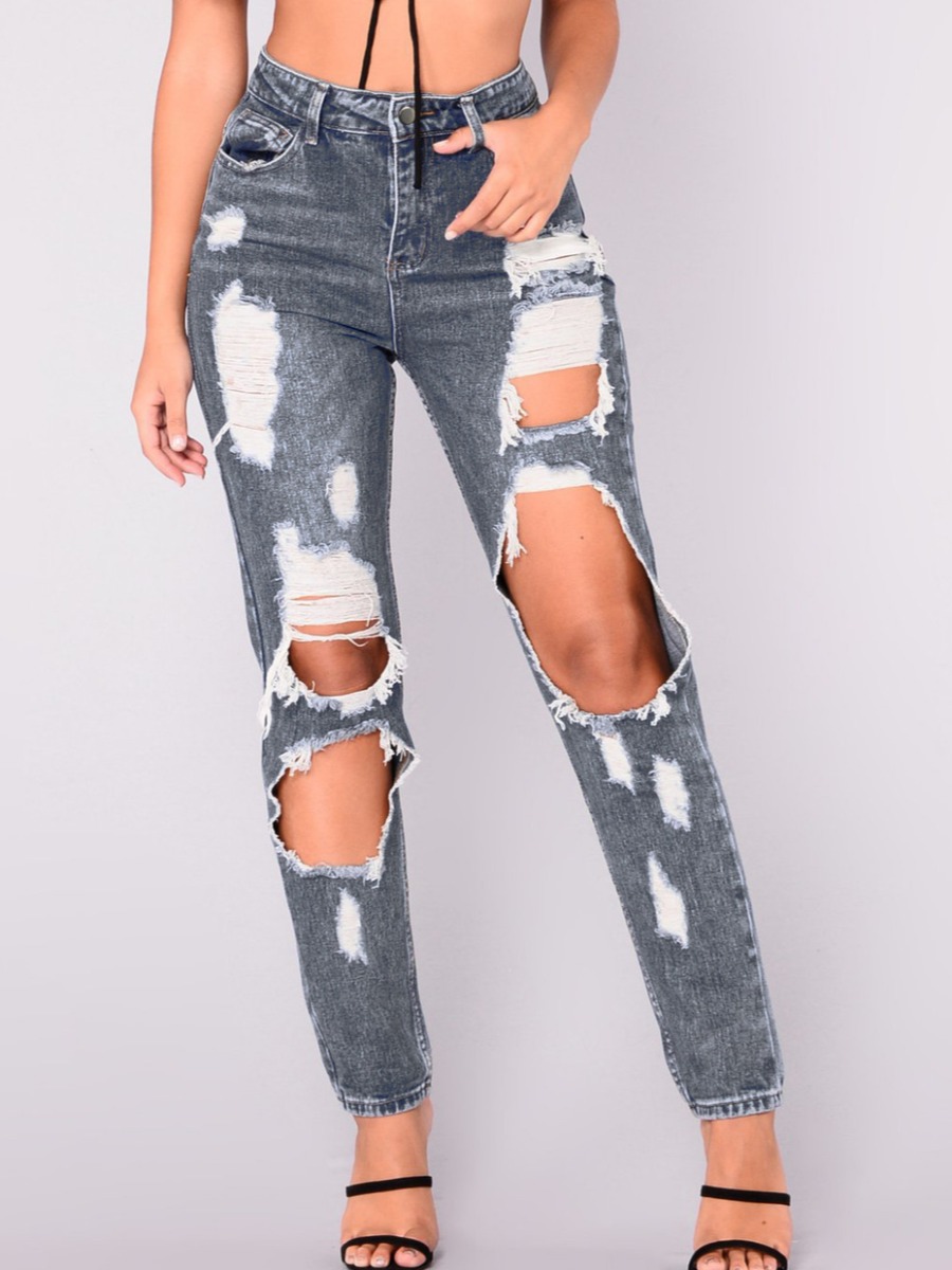 

Lovely Casual High-waisted Broken Holes Grey Jeans